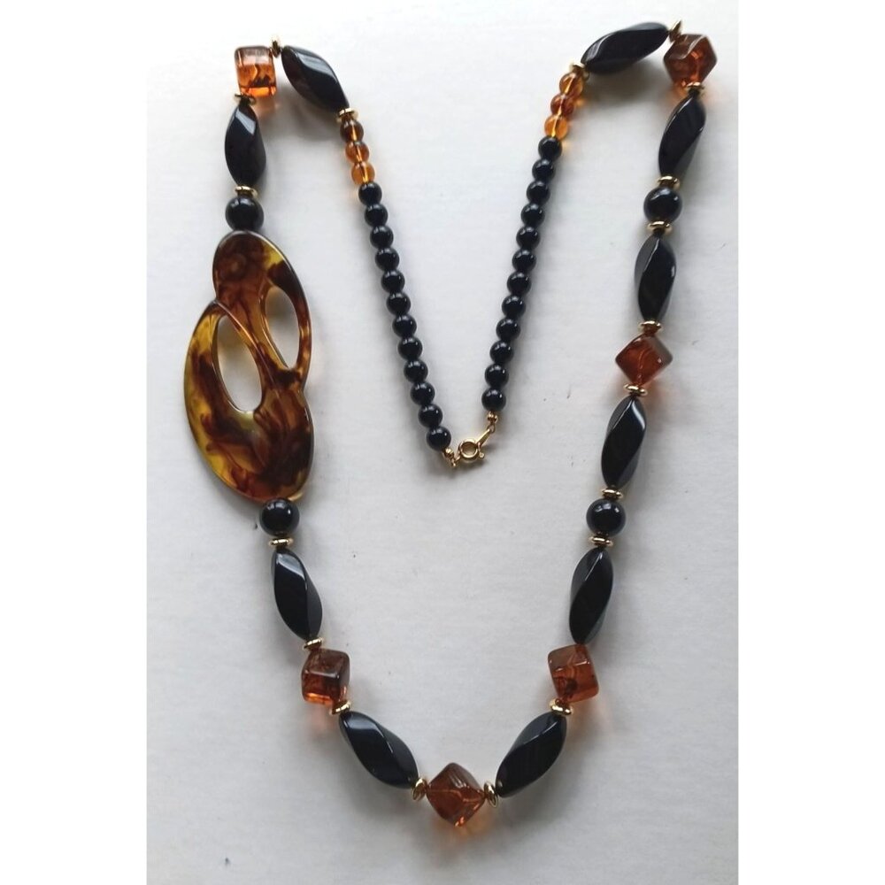 Faux Amber & Black Beaded Necklace With Gold Tone Accents 20 Inches Long